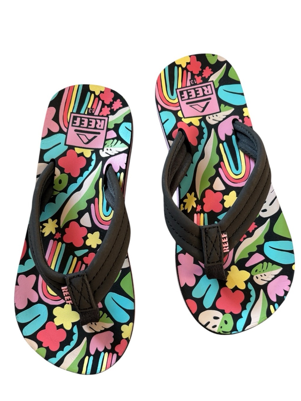Reef Kids Black-Strap Flip Flops with Bright Floral Print